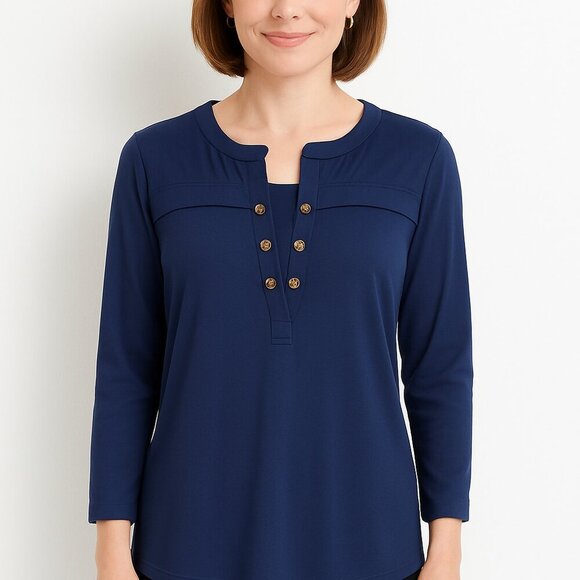 PerSeption Petites Henley Blouse Size Medium  Royal Blue Preppy Office Classic - Picture 1 of 7